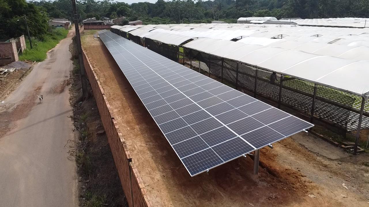 Usina solar da Ponce Energia instalada em solo ao lado de estufas